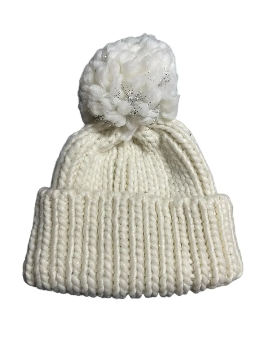 Bebe Girls Kids White Ribbed Knit Metallic Fringe Pom Pom Bonnet Beanie Hot OS
